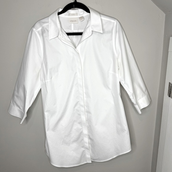 Chico’s No Iron Cotton Blend Stain Shield Tunic Shirt Blouse Size 2 (Large) - Picture 2 of 7
